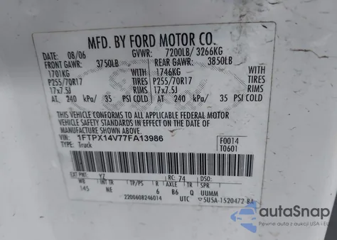 2007 Ford F-150 Fx4/Lariat/Xl/Xlt z USA, uszkodzony, nr VIN 1FTPX14V77FA13986